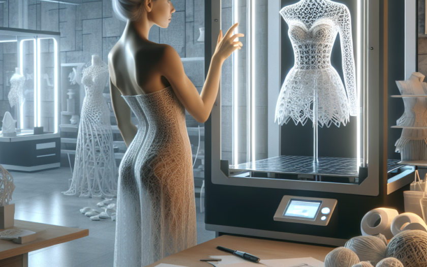 "3D-printed fashion garments displayed on a mannequin, showcasing innovative designs and sustainable materials that highlight the impact of 3D printing technology on the fashion industry."